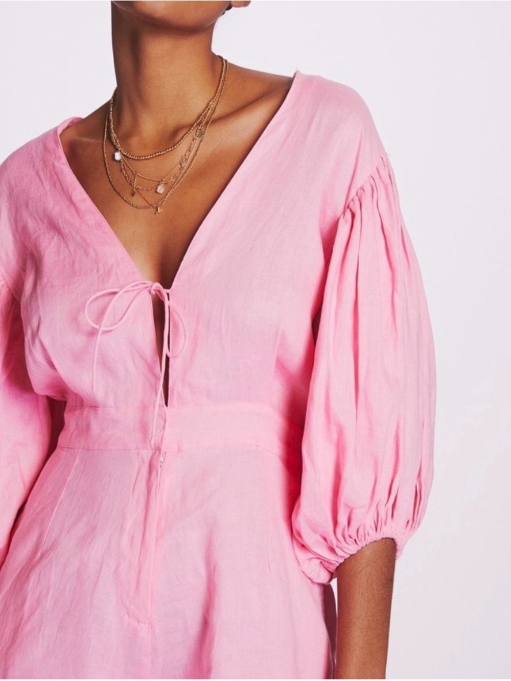 S/W/F Anthropologie NWT Pink Linen Tie Front Romper L